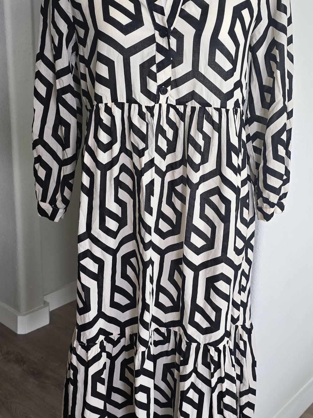 Zara Black and White Geometric Tiered Maxi Dress